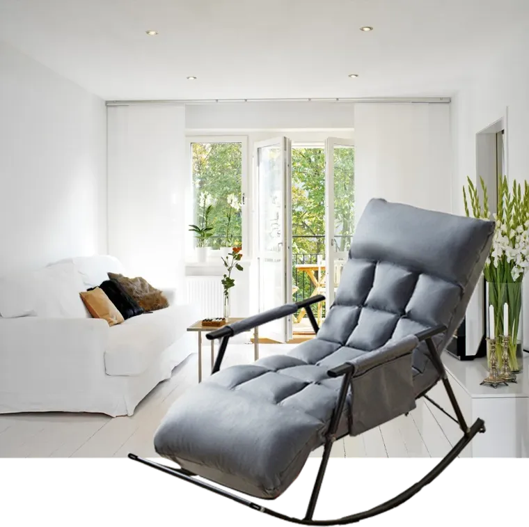 Pojedynczy fotel bujany z czarną metalową podstawą, szary