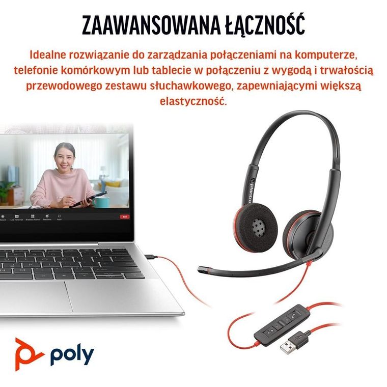 Poly, Blackwire 3220, słuchawki stereo, USB-C