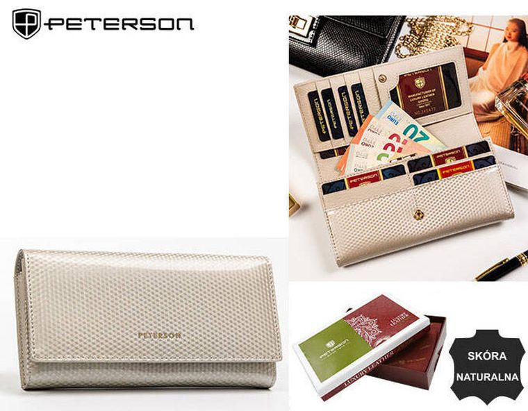 Portfel, beżowy, skórzany, Peterson