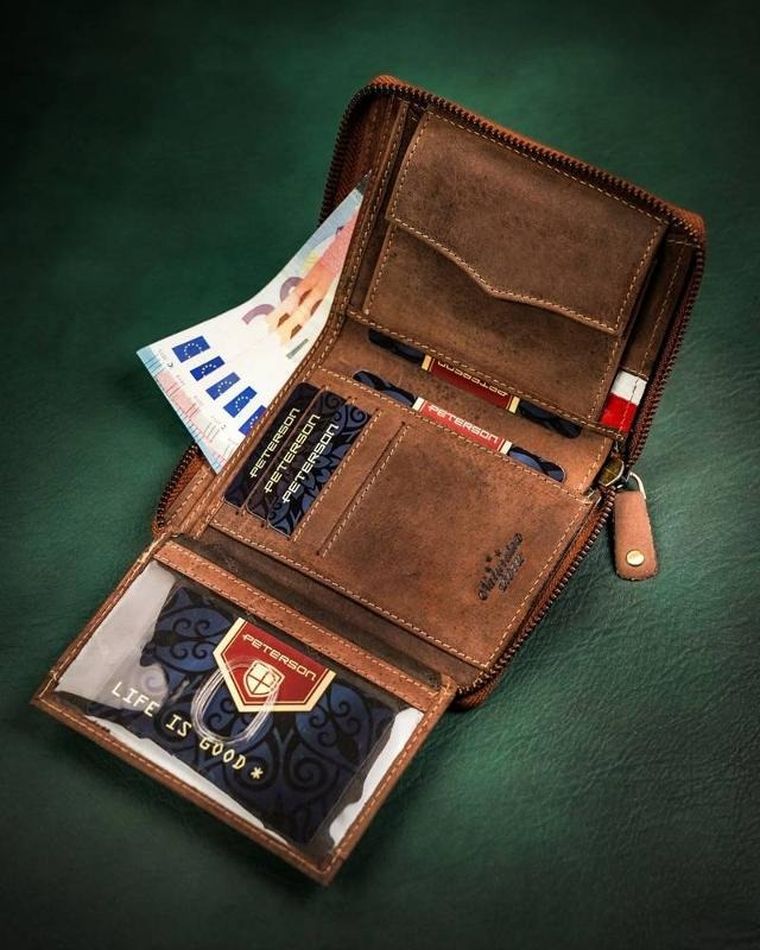 Portfel, brązowy, skórzany, Peterson