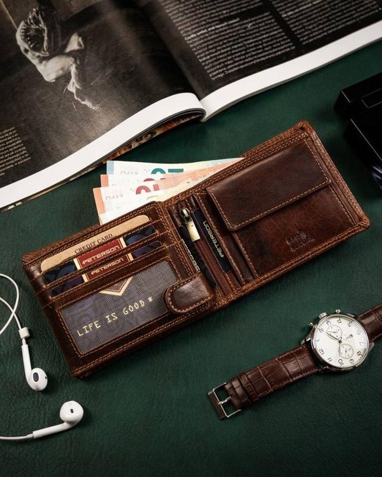 Portfel, brązowy, skórzany, RFID, Peterson