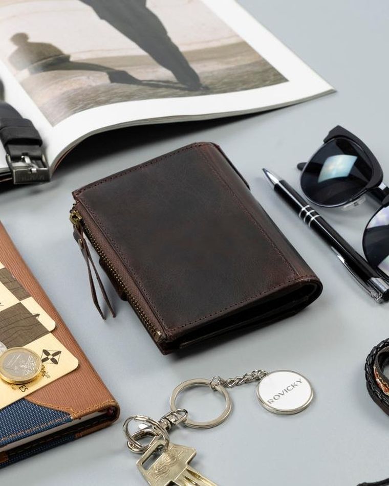 Portfel, brązowy, skórzany, RFID, Rovicky