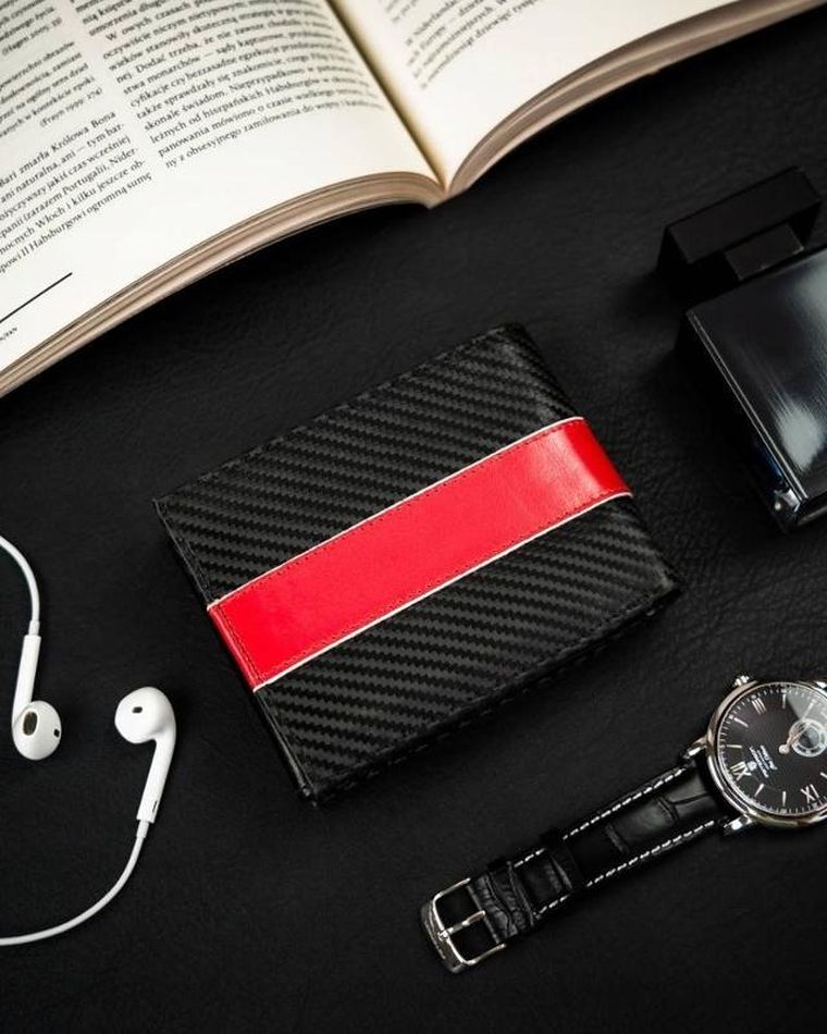 Portfel, czarno-czerwony, skórzany, Peterson