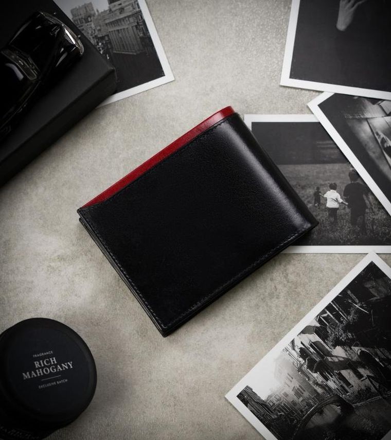 Portfel, czarno-czerwony, skórzany, RFID, Rovicky