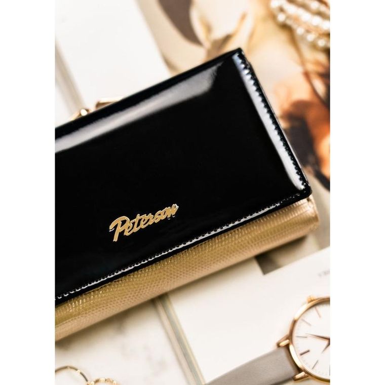 Portfel, czarno-złoty, skórzany, RFID, Petereson