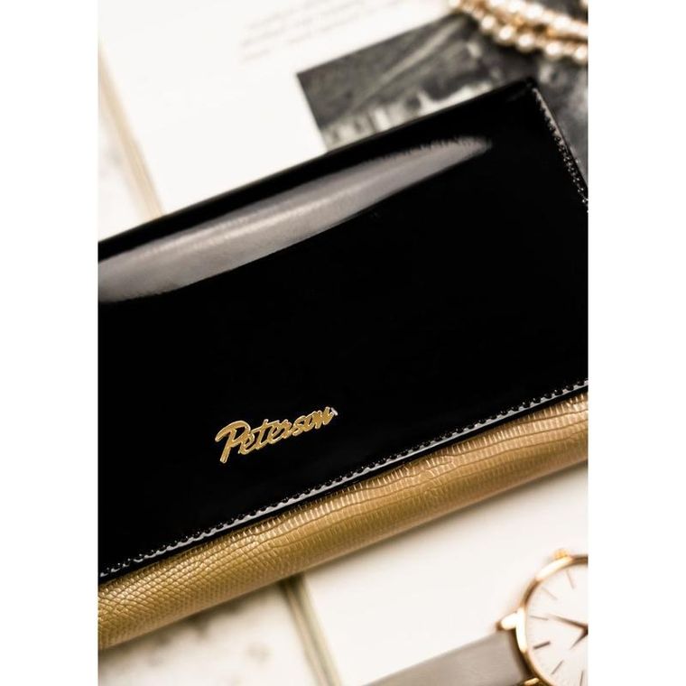 Portfel, czarno-złoty, skórzany, RFID, Petereson