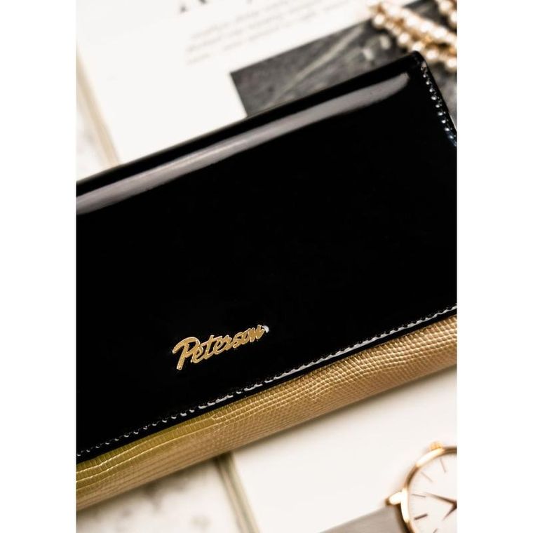 Portfel, czarno-złoty, skórzany, RFID, Peterson