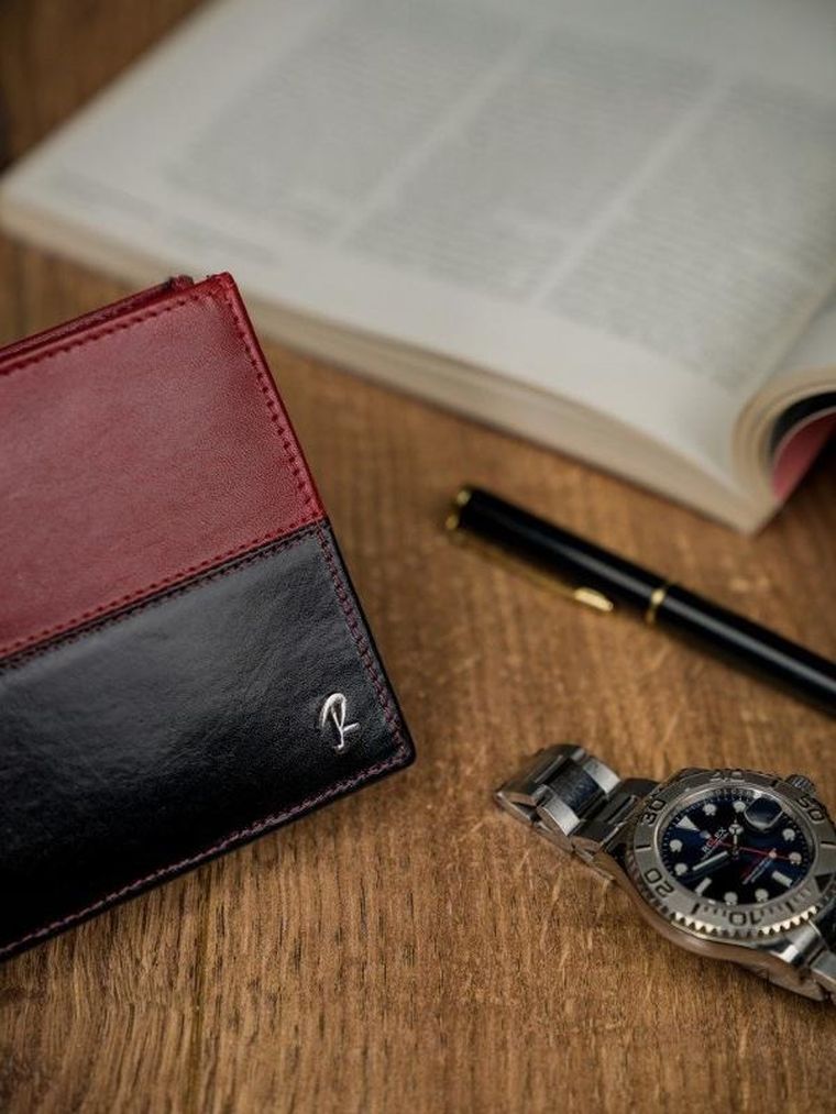 Portfel, czerwono-czarny, skórzany, RFID, Rovicky