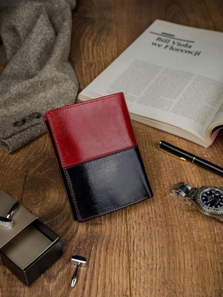 Portfel, czerwono-czarny, skórzany, RFID, Rovicky