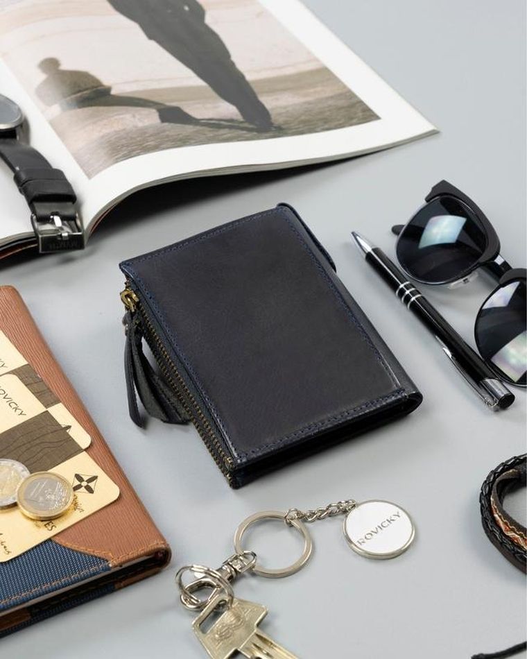 Portfel, granatowy, skórzany, RFID, Rovicky