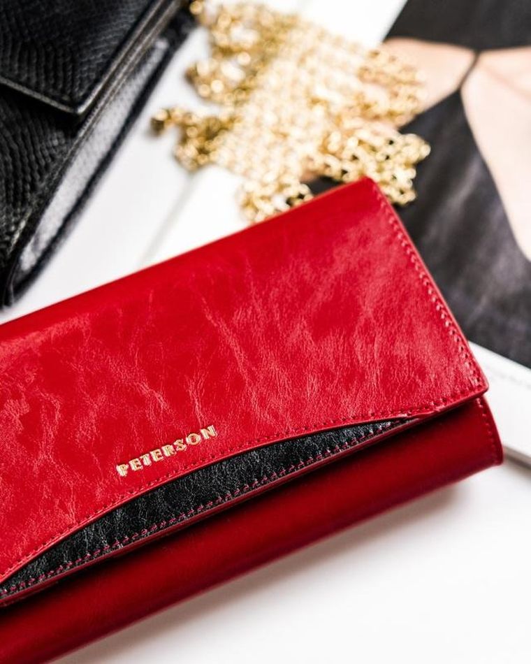 Portfel na karty, czerwony, skórzany, RFID, Peterson