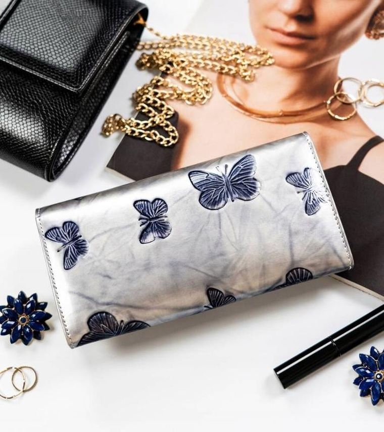 Portfel, srebrno-niebieski, skórzany, RFID, Peterson