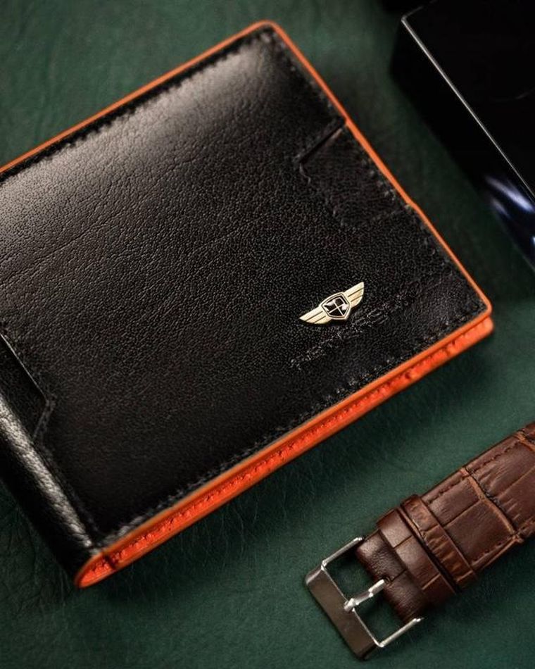 Portfel z kieszonką na kartę, czarno-pomarańczowy, skórzany, Peterson