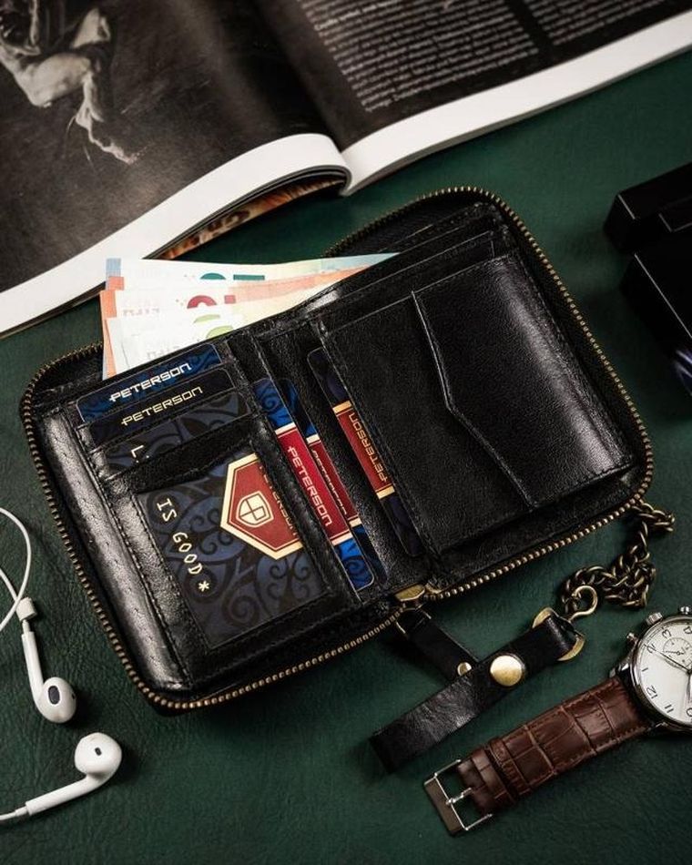 Portfel z łańcuszkiem, czarny, skórzany, Peterson