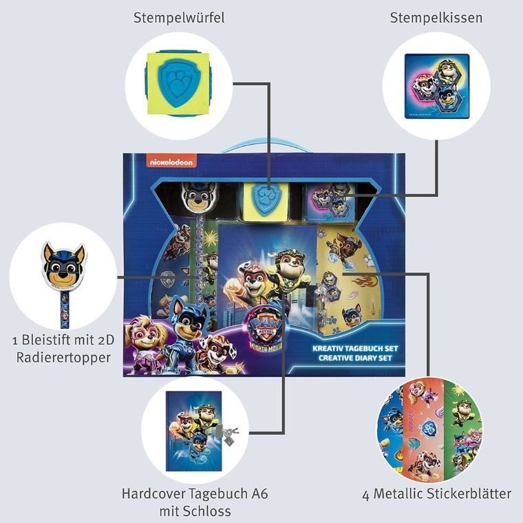 Psi Patrol, notes-pamiętnik z naklejkami, zestaw artystyczny ze stemplem i ołówkiem z gumką