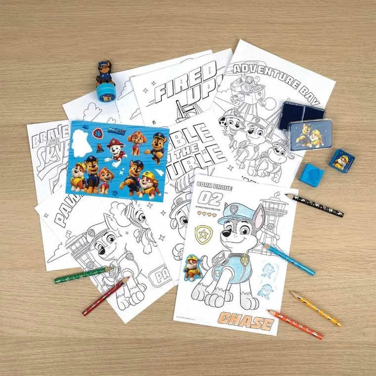 Psi Patrol, zestaw kreatywny, kolorowanki, naklejki i stempel, figurka 2D, 21 elementów