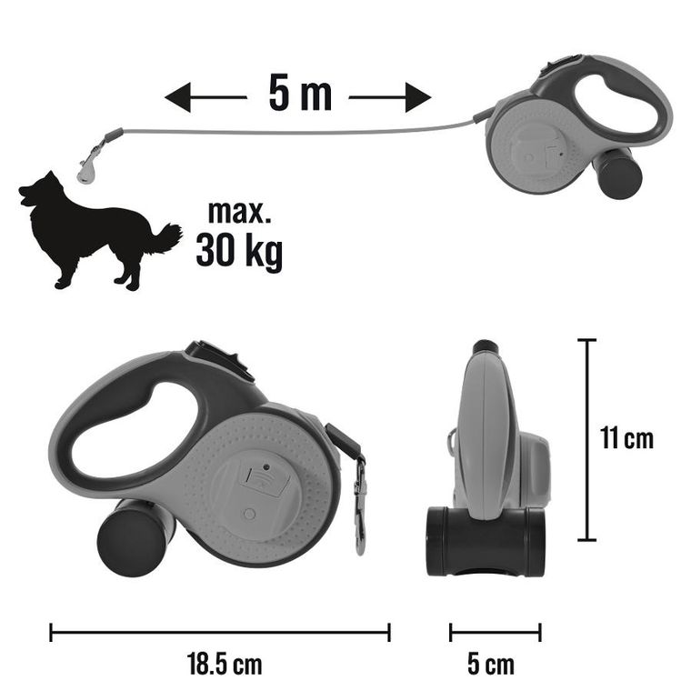 Pupilplanet, smycz automatyczna z pojemnikiem na worki, LED, 5m