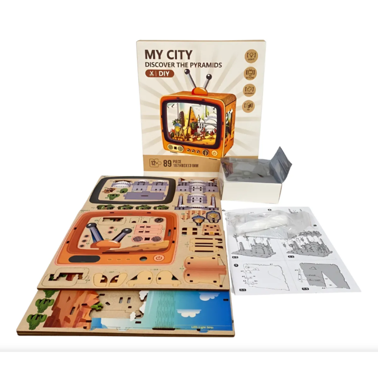 QBI, Egipskie Piramidy, miniaturowy telewizor retro, podświetlenie LED, puzzle 3D, 89 elementów