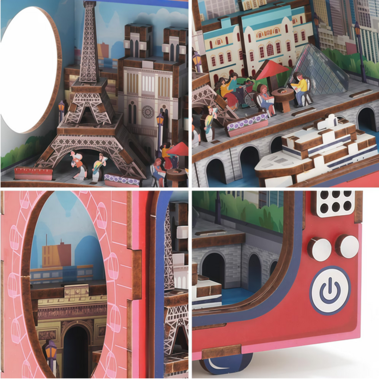 QBI, Uliczki Paryża, miniaturowy telewizor retro, podświetlenie LED, puzzle 3D, 98 elementów