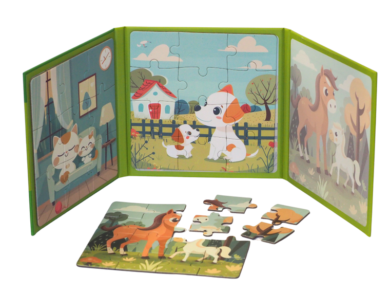 QBI, zwierzęta domowe, puzzle magnetyczne, 9+12+16 elementów