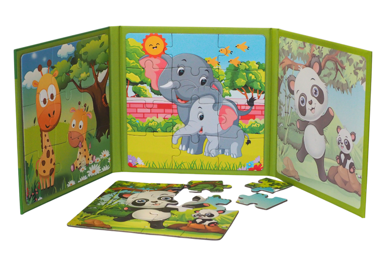 QBI, zwierzęta safari, puzzle magnetyczne, 9+12+16 elementów