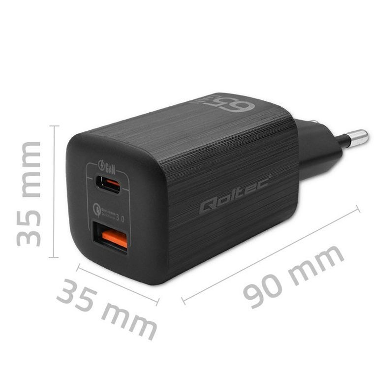 Qoltec Ładowarka Sieciowa 65w Gan Ultra, 5-20v, 2.25-3.25a, 1 X USB Typ C Pd, 1 X USB Qc 3.0, czarna