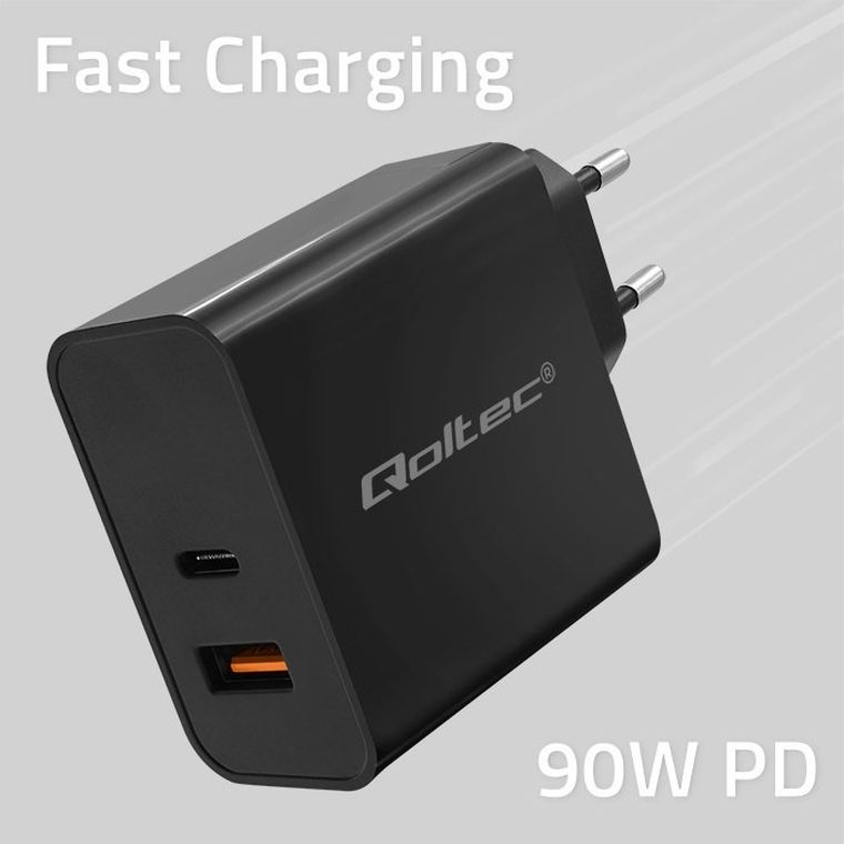 Qoltec, Super Quick PD, ładowarka, 1XUSB-C, 1XUSB, 90W, 5-20V, 2.4-4.35A, czarna