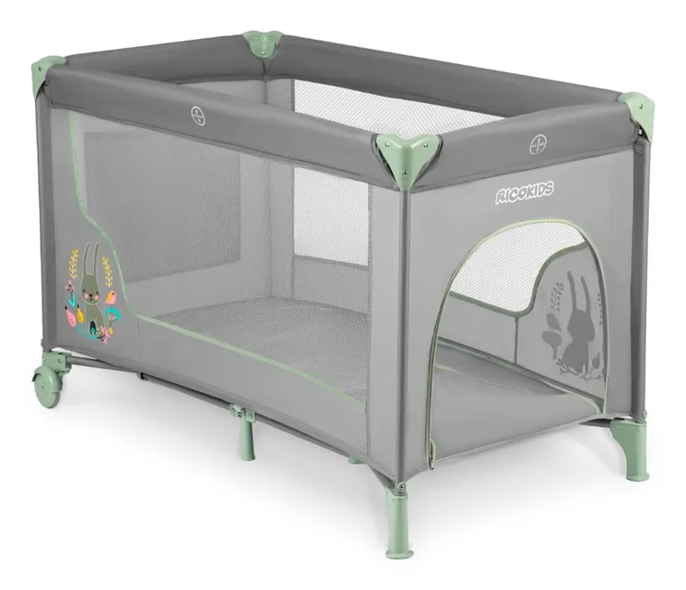 Ricokids, łóżeczko turystyczne, z materacem i torbą, szaro-miętowe