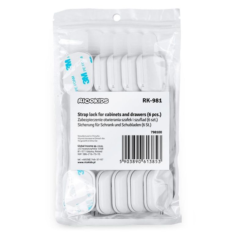 Ricokids, zabezpieczenie otwierania szafek, białe, 6 szt.