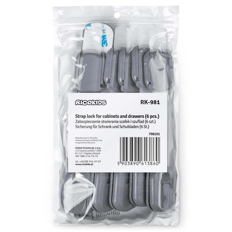 Ricokids, zabezpieczenie otwierania szafek, szare, 6 szt.