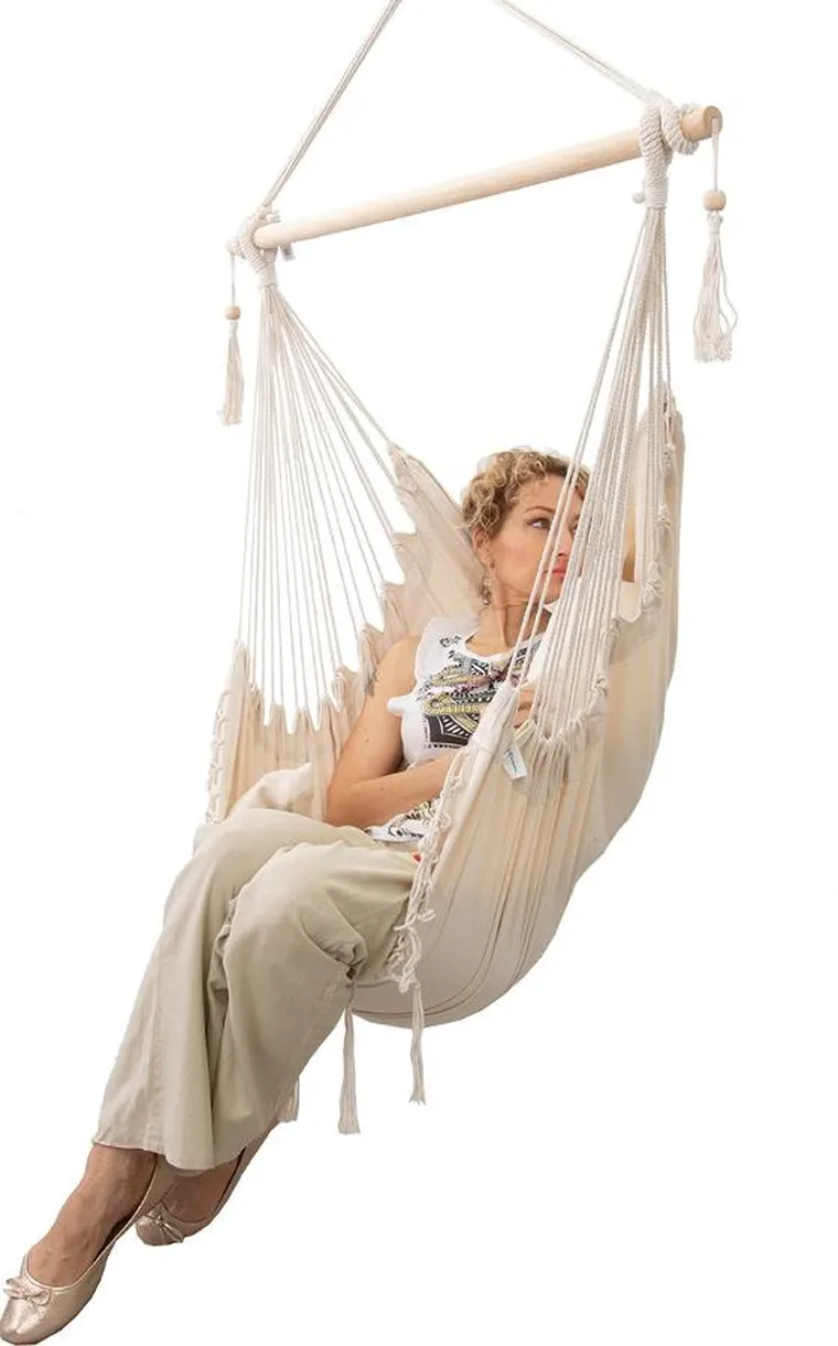 Royokamp, fotel brazylijski z frędzelkami i 2 poduszkami, beżowy, 130-100 cm