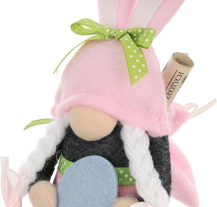 Saska Garden, dekoracja wiosenna, skrzat gnom, zajączek, z workiem na prezent, różowy, 20 cm