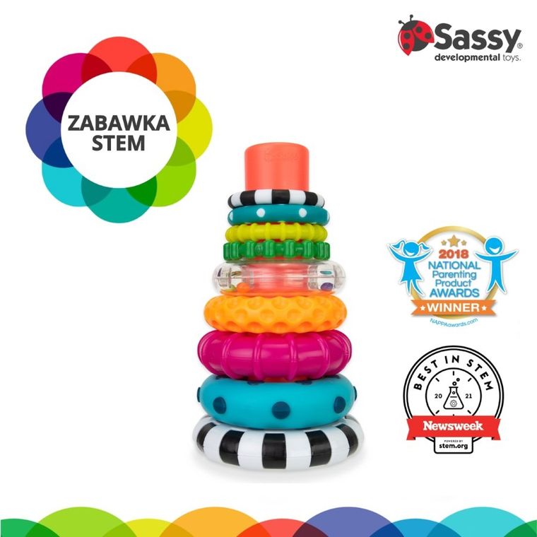 Sassy, piramidka z kółek, zabawka niemowlęca