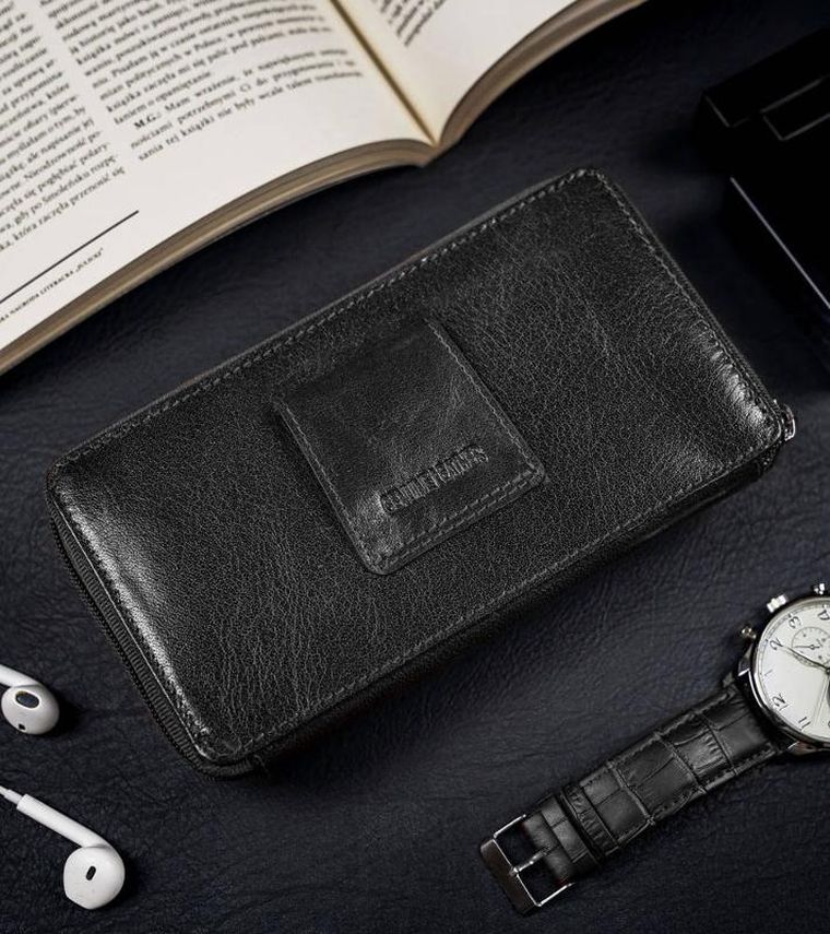 Saszetka-portfel, czarna, skórzana, RFID, Rovicky