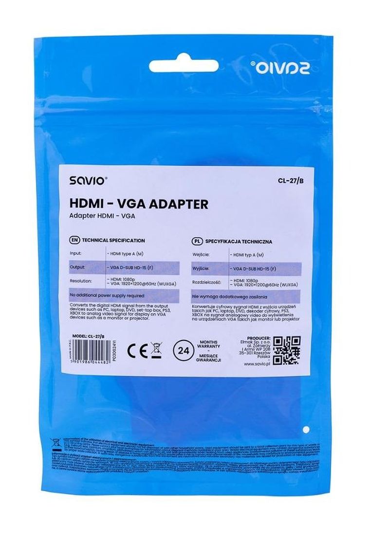 Savio, adapter, CL-27/B (HDMI M - D-Sub (VGA) F, 0,10m, biały