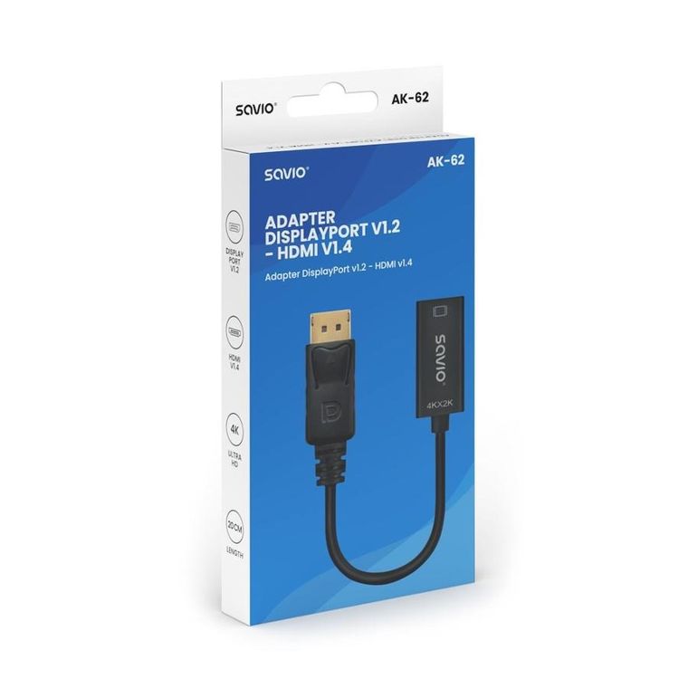 Savio, adapter, DISPLAYPORT (M) V1.2 - HDMI A (F) V1.4, 4K, AK-62