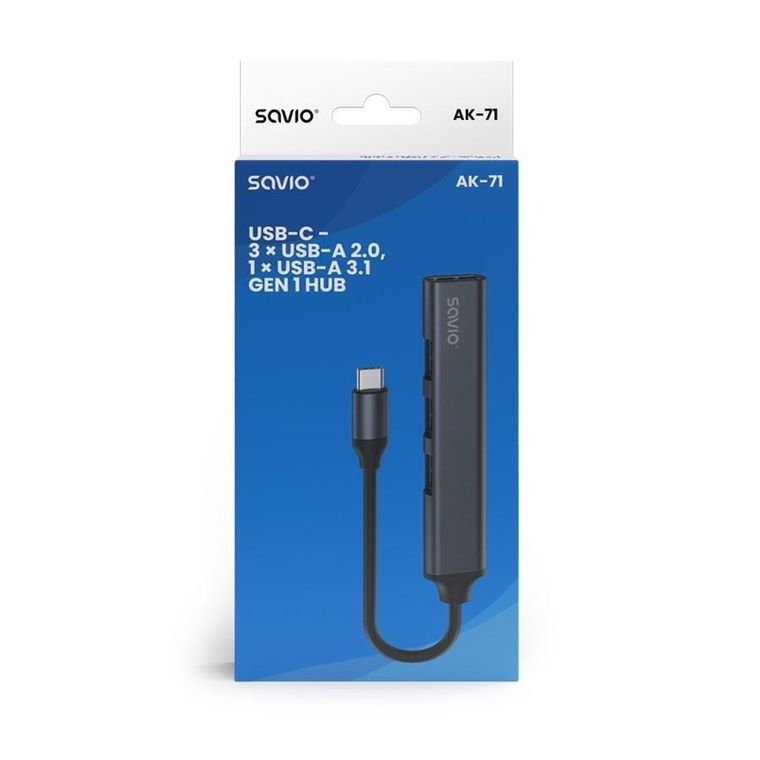 Savio, hub USB-A, 3xUSB-A 2.0, 1xUSB-A 3.0, szary
