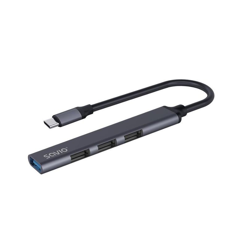 Savio, hub USB-C, 3xUSB-A 2.0, 1xUSB-A 3.0, szary