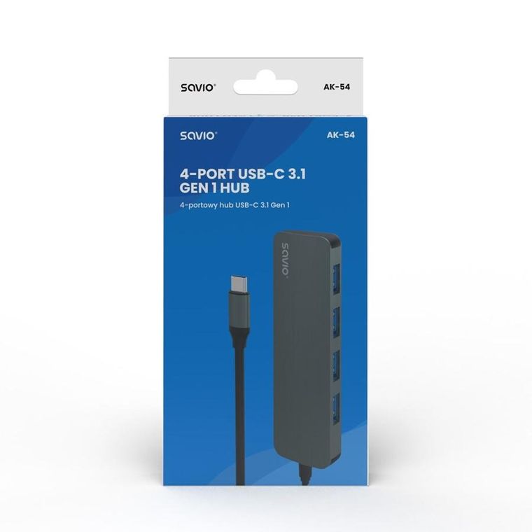 Savio, hub USB-C, 4xUSB-A, szary