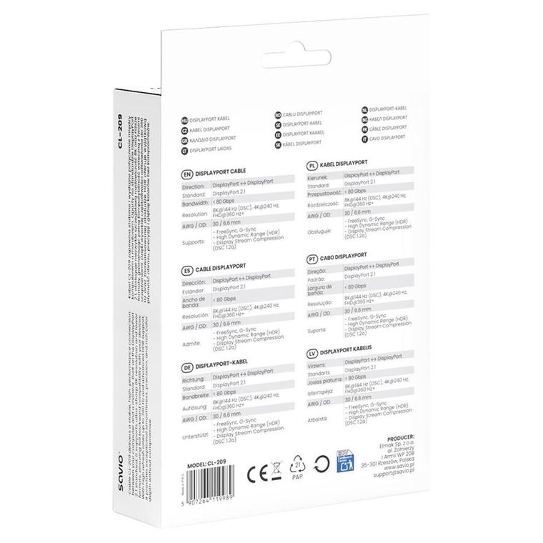 Savio, kabel, displayport, 2.1 1M CL-209