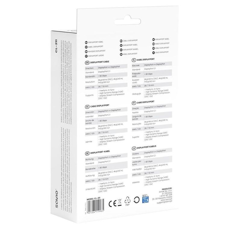 Savio, kabel, displayport, 2.1 3M CL-211