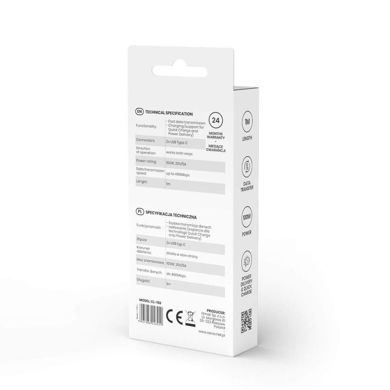 Savio, kabel USB Typ C - USB Typ C 5a, 1m