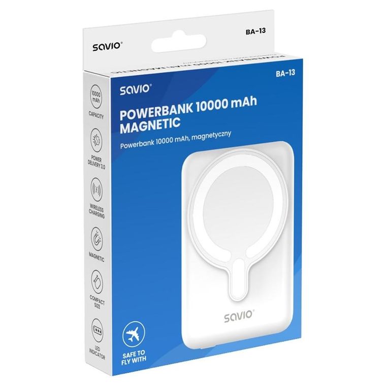 Savio, powerbank magnetyczny, 10000mAh, biały