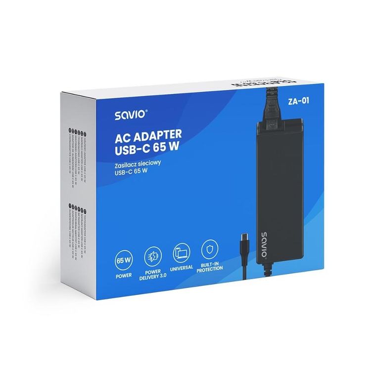 Savio, zasilacz sieciowy, USB-C, 65W, ZA-01