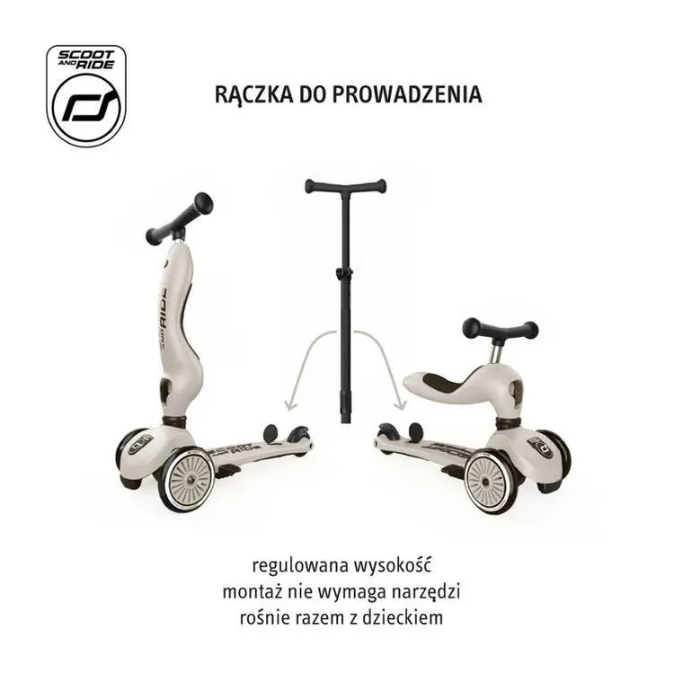 Scoot & Ride, Highwaykick 1, Push and Go, jeździk i hulajnoga z rączką do prowadzenia 2w1, Ash