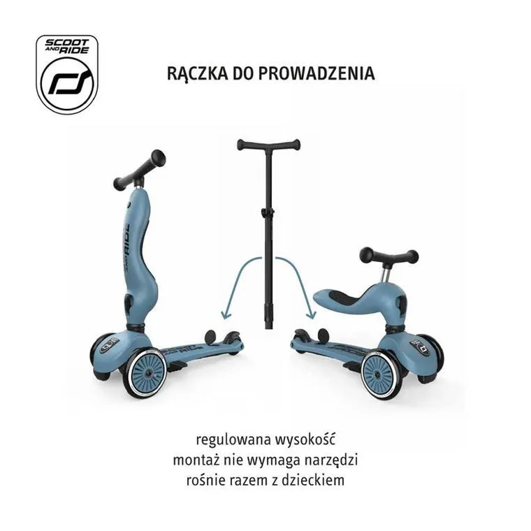 Scoot & Ride, Highwaykick 1, Push and Go, jeździk i hulajnoga z rączką do prowadzenia 2w1, Steel
