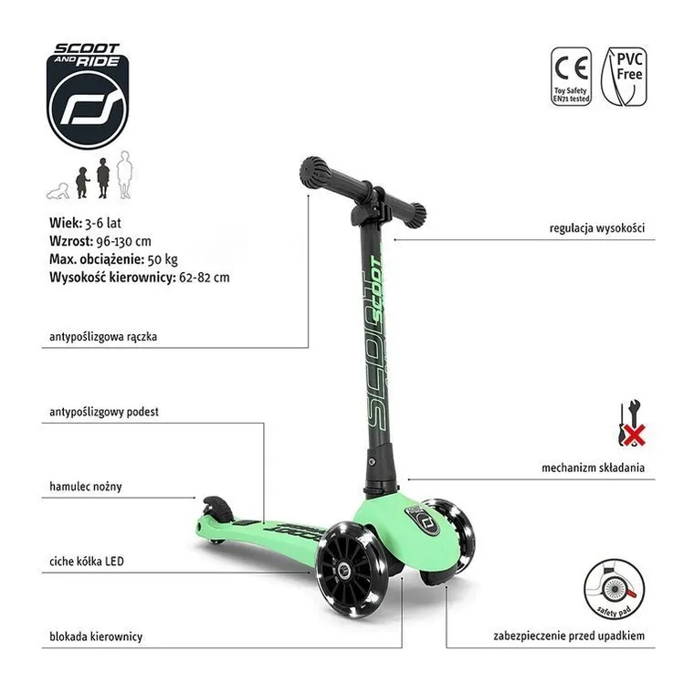 Scoot & Ride, Highwaykick 3 LED, hulajnoga składana ze świecącymi kółkami, Kiwi