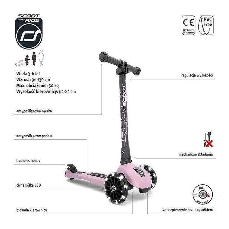 Scoot & Ride, Highwaykick 3 LED, hulajnoga składana ze świecącymi kółkami, Rose