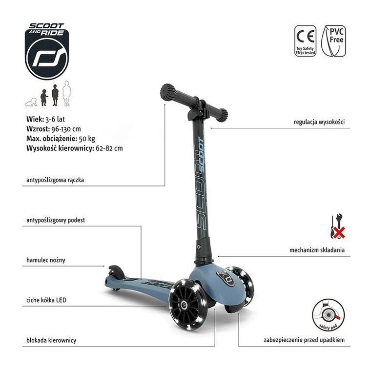 Scoot & Ride, Highwaykick 3 LED, hulajnoga składana ze świecącymi kółkami, Steel