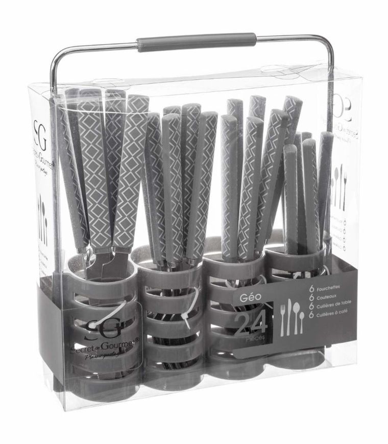 Secret de Gourmet, komplet sztućców geo z ozdobną rączką + stojak, 2w1